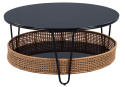Stolik Kawowy Okrągły, Czarny Metalowy, Szkło i Rattan, 80 cm