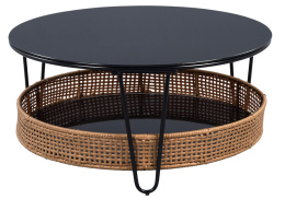 Stolik Kawowy Okrągły, Czarny Metalowy, Szkło i Rattan, 80 cm