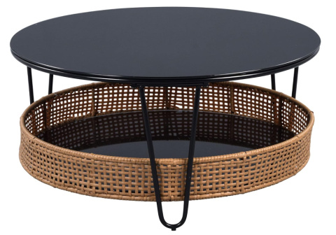 Stolik Kawowy Okrągły, Czarny Metalowy, Szkło i Rattan, 80 cm Stolik Kawowy Okrągły, Czarny Metalowy, Szkło i Rattan, 80 cm