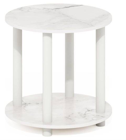 Furinno 2-poziomowy okrągły stolik boczny, biały marmur, drewniany stolik pomocniczy Furinno 2-poziomowy okrągły stolik boczny, biały marmur, drewniany stolik pomocniczy