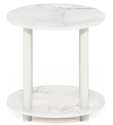 Furinno 2-poziomowy okrągły stolik boczny, biały marmur, drewniany stolik pomocniczy Furinno 2-poziomowy okrągły stolik boczny, biały marmur, drewniany stolik pomocniczy