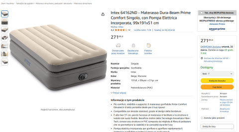 Intex 64162ND Materac Dura-Beam Prime Comfort Singolo z wbudowaną pompką Intex 64162ND Materac Dura-Beam Prime Comfort Singolo z wbudowaną pompką
