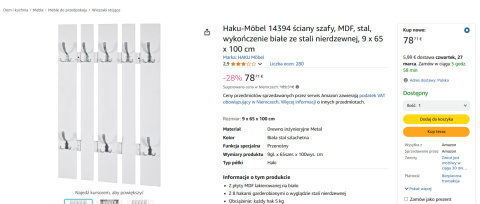 Haku-Möbel 14394 – Ściana szafy z 8 hakami, MDF, biały/stal nierdzewna, 9 x 65 x 100 cm Haku-Möbel 14394 – Ściana szafy z 8 hakami, MDF, biały/stal nierdzewna, 9 x 65 x 100 cm