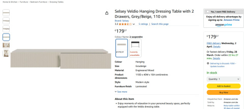 Selsey Veldio Wisząca Toaletka z 2 Szufladami, Szaro-Beżowa, 110 cm Selsey Veldio Wisząca Toaletka z 2 Szufladami, Szaro-Beżowa, 110 cm