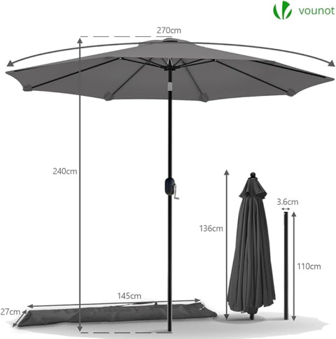 VOUNOT Parasol Ogrodowy 270 cm Szary, z Mechanizmem Korbowym, Funkcją Pochylania, Ochroną UV i Pokrowcem VOUNOT Parasol Ogrodowy 270 cm Szary, z Mechanizmem Korbowym, Funkcją Pochylania, Ochroną UV i Pokrowcem