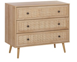 Komoda Beliani PONCA – 3 szuflady z rattanem, jasne drewno, 90×79 cm