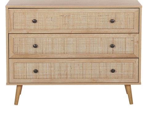 Komoda Beliani PONCA – 3 szuflady z rattanem, jasne drewno, 90×79 cm Komoda Beliani PONCA – 3 szuflady z rattanem, jasne drewno, 90×79 cm