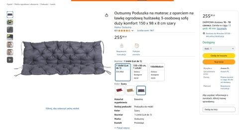 Outsunny Poduszka na materac z oparciem na ławkę ogrodową huśtawkę 3-osobową sofę, duży komfort 150 x 98 x 8 cm, kolor szary Outsunny Poduszka na materac z oparciem na ławkę ogrodową huśtawkę 3-osobową sofę, duży komfort 150 x 98 x 8 cm, kolor szary