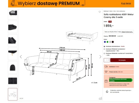 Sofa rozkładana ASBY Welur Czarny dla 3 osób Sofa rozkładana ASBY Welur Czarny dla 3 osób