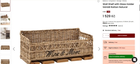 Beliani Półka Ścienna z Uchwytem na Kieliszki SAHAB Rattan Naturalny 47 cm Beliani Półka Ścienna z Uchwytem na Kieliszki SAHAB Rattan Naturalny 47 cm