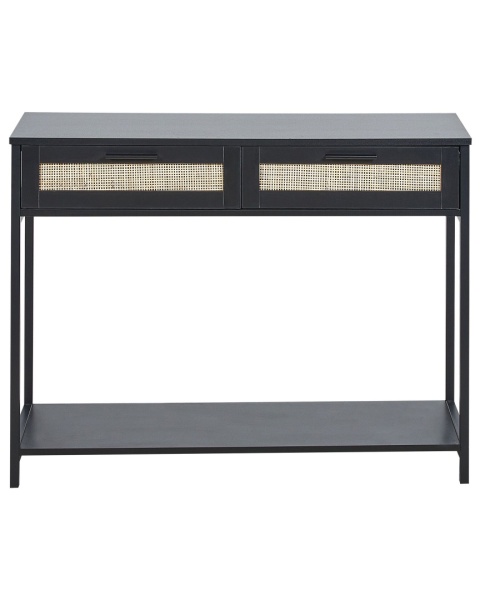 Nowoczesna Konsola Beliani OPOCO Wicker Front, Czarna z Rattanem i Złotymi Uchwytami Nowoczesna Konsola Beliani OPOCO Wicker Front, Czarna z Rattanem i Złotymi Uchwytami