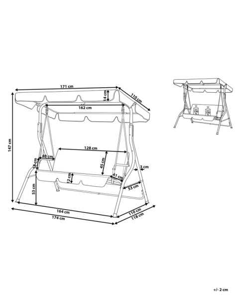 Beliani Huśtawka ogrodowa CHAPLIN 3-osobowa z regulowanym dachem – ciemnoniebieska