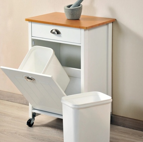 Mobilny Barek Kuchenny KESPER z Koszami do Segregacji 2x15L – Biały/Dąb