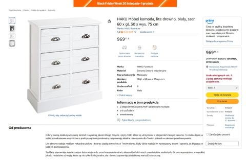 Komoda HAKU 75cm, 6 Szuflad, Lite Drewno / MDF, Biała