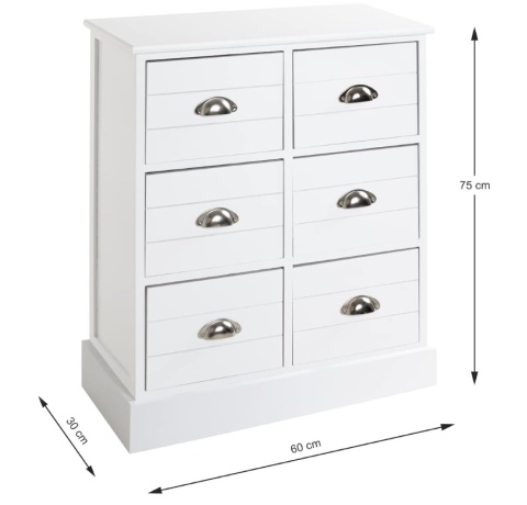 Komoda HAKU 75cm, 6 Szuflad, Lite Drewno / MDF, Biała