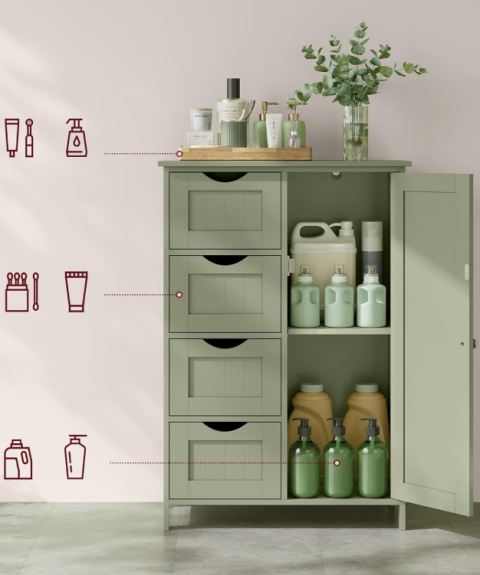 Szafka Łazienkowa VASAGLE Leśna Zieleń 55x30 cm – Komoda 4 Szuflady