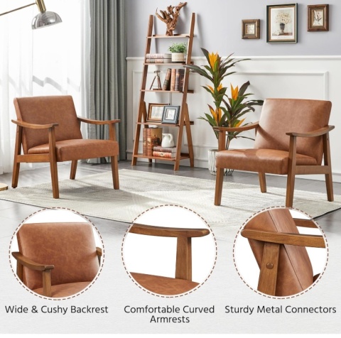 Fotel Wypoczynkowy YAHEETECH Mid-Century – Jasny Brąz, Ekoskóra, Drewniane Nogi