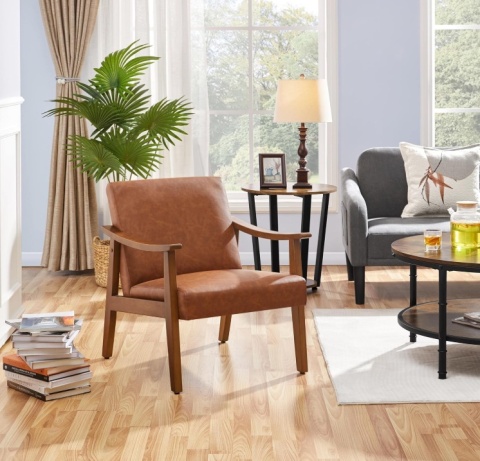 Fotel Wypoczynkowy YAHEETECH Mid-Century – Jasny Brąz, Ekoskóra, Drewniane Nogi