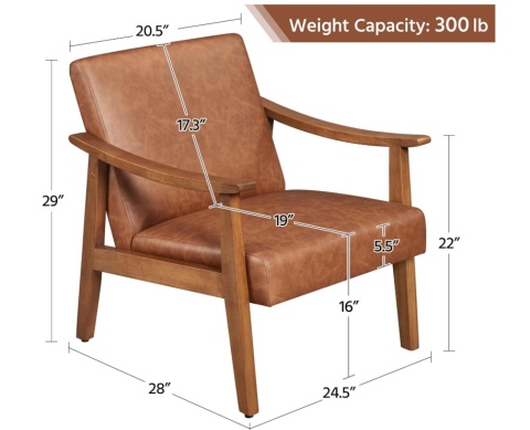 Fotel Wypoczynkowy YAHEETECH Mid-Century – Jasny Brąz, Ekoskóra, Drewniane Nogi