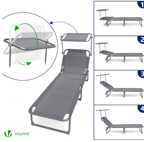 Zestaw 2 Leżaków Plażowych VOUNOT z Daszkiem – Szare, Składane
