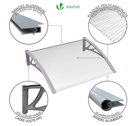 Daszek nad Drzwi VOUNOT 100x80 cm – Poliwęglan Lity 6mm, Szary Wspornik