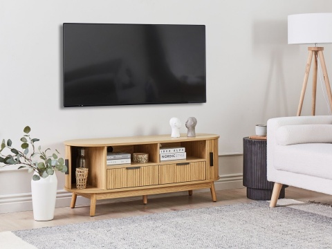 Szafka RTV Beliani Selah 120 cm z Drzwiami Przesuwnymi, Styl Skandynawski, Jasne Drewno Szafka RTV Beliani Selah 120 cm z Drzwiami Przesuwnymi, Styl Skandynawski, Jasne Drewno