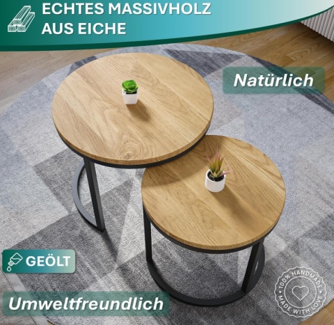 Zestaw Stolików Kawowych MODENA 2 szt. – Lite Drewno Dębowe i Stal