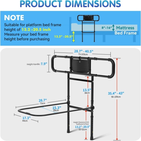 FORTEMOTUS barierka łóżkowa L z uchwytem dla seniorów, regulowana wysokość, 25–40 cm