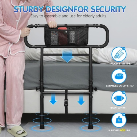 FORTEMOTUS barierka łóżkowa L z uchwytem dla seniorów, regulowana wysokość, 25–40 cm