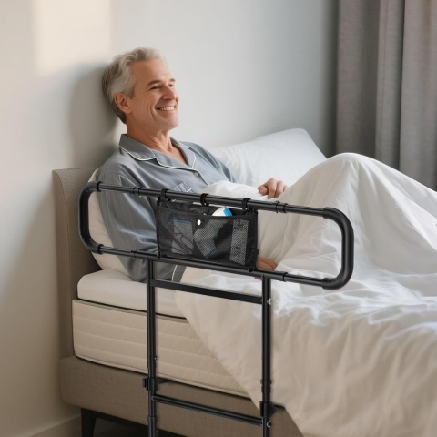 FORTEMOTUS barierka łóżkowa L z uchwytem dla seniorów, regulowana wysokość, 25–40 cm