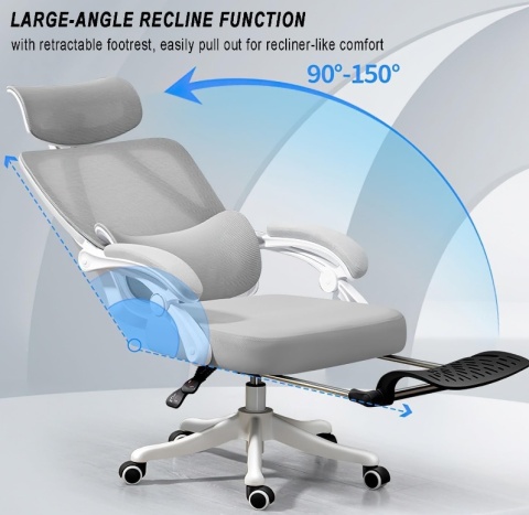 Fotel Executive Recline Mesh – Obrotowy, Ergonomiczny, Wentylowana Siatka, Regulacja 90°-150°, Szary