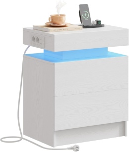 IRONCK biały stolik nocny LED z USB i USB-C, 2 szuflady, nowoczesny 35×48×60 cm