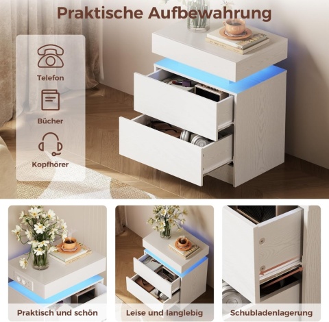 IRONCK biały stolik nocny LED z USB i USB-C, 2 szuflady, nowoczesny 35×48×60 cm