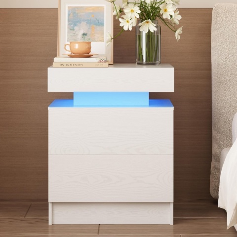IRONCK biały stolik nocny LED z USB i USB-C, 2 szuflady, nowoczesny 35×48×60 cm