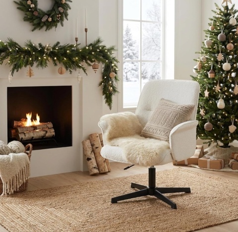 Krzesło Biurowe/Toaletowe MEUBLE COSY Bouclé – Białe, Regulacja Wysokości, 360°