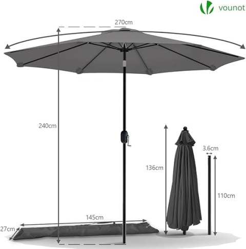 Parasol Ogrodowy VOUNOT 270 cm Szary – Korba, Funkcja Pochylania, Pokrowiec Ochronny