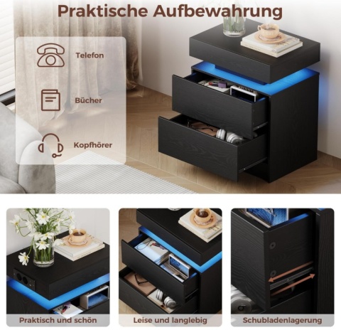 Stolik Nocny IRONCK Czarny z Oświetleniem LED i Ładowarką (USB + Typ C)