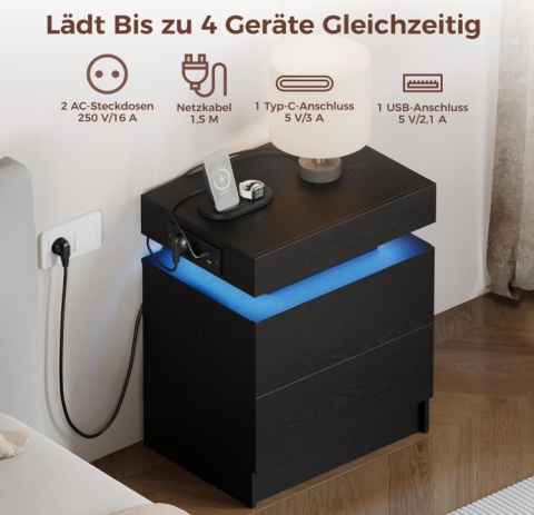 Stolik Nocny IRONCK Czarny z Oświetleniem LED i Ładowarką (USB + Typ C)