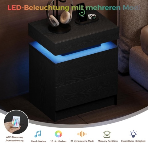 Stolik Nocny IRONCK Czarny z Oświetleniem LED i Ładowarką (USB + Typ C)