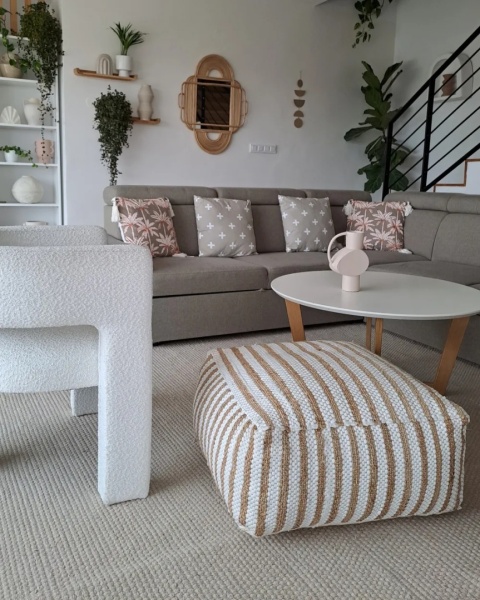 Puf ALMATTI beżowy z juty i bawełny 60×60×30 cm – kwadratowa poducha do siedzenia