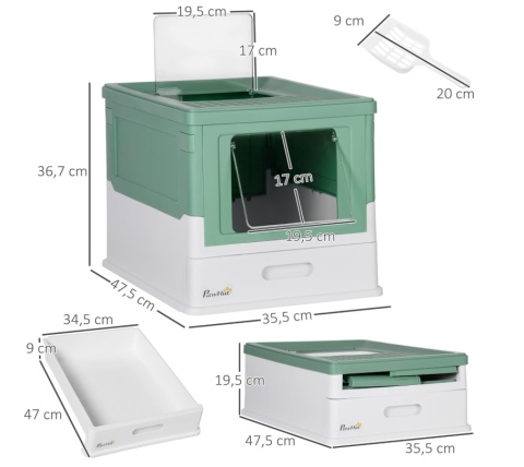 Kuweta Kryta PawHut z Szufladą i Wejściem Górnym – Zielono-Biała, Składana