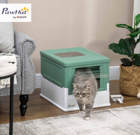 Kuweta Kryta PawHut z Szufladą i Wejściem Górnym – Zielono-Biała, Składana