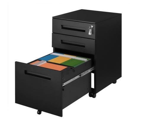 Kontener na Kółkach WOLTU Metalowy Czarny – Zamykany, 3 Szuflady, Gotowy do Użycia