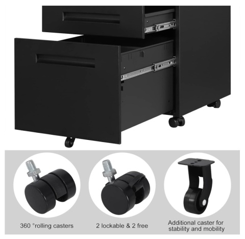 Kontener na Kółkach WOLTU Metalowy Czarny – Zamykany, 3 Szuflady, Gotowy do Użycia