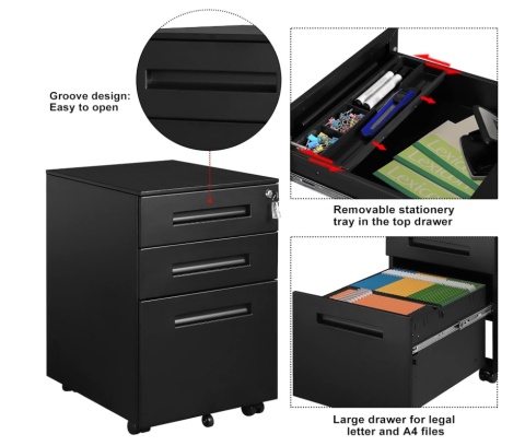 Kontener na Kółkach WOLTU Metalowy Czarny – Zamykany, 3 Szuflady, Gotowy do Użycia