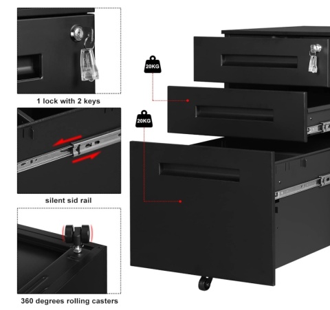 Kontener na Kółkach WOLTU Metalowy Czarny – Zamykany, 3 Szuflady, Gotowy do Użycia