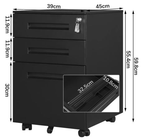 Kontener na Kółkach WOLTU Metalowy Czarny – Zamykany, 3 Szuflady, Gotowy do Użycia