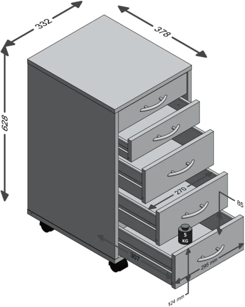 Biała szafka biurowa na kółkach z 5 szufladami 33×63,5×38 cm – FMD Möbel