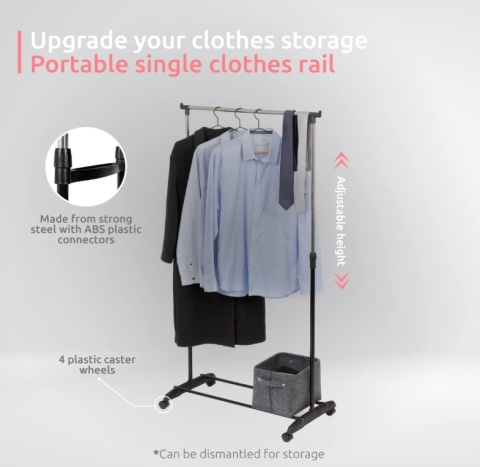 Stojak/ wieszak na Ubrania COMPACTOR – Regulowana Wysokość 85-165 cm, Na Kółkach