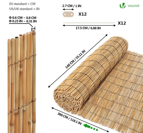 Osłona Balkonowa VOUNOT z Trzciny Naturalnej 140x300 cm – Mata Maskująca, Płotek